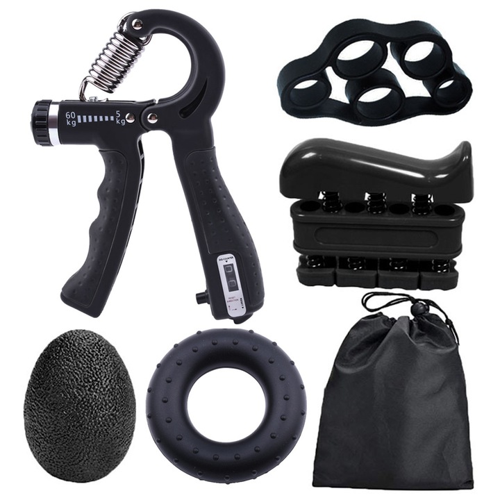 Set accesorii fitness pentru intarirea mainilor, 6 piese, TPR/aliaj/silicon/ABS, negru, 11.5x6x18cm