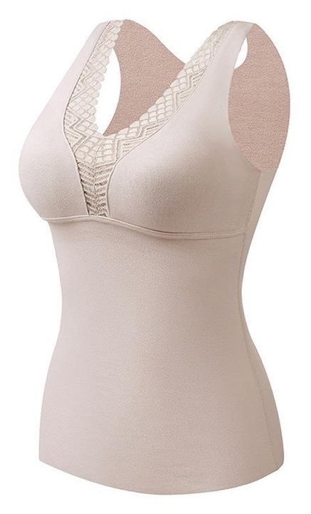 Дамски термо потник с V-образно деколте с вграден бял дантелен сутиен, Бял