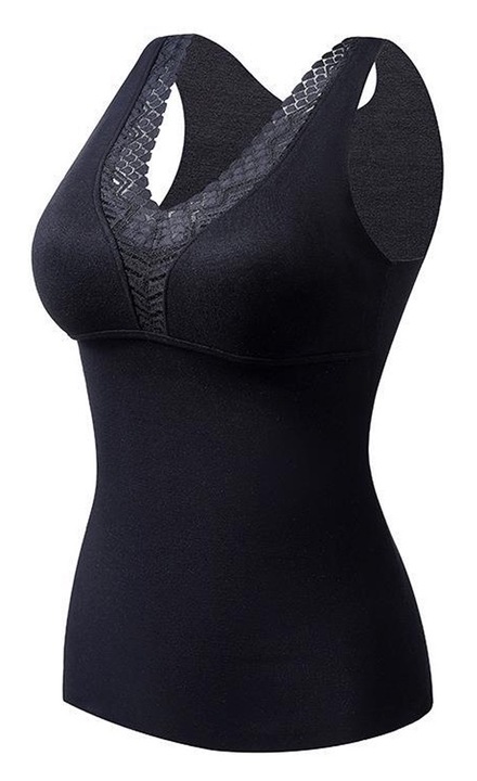 Дамски термо потник с V-образно деколте и вграден черен дантелен сутиен, Черен, 3XL
