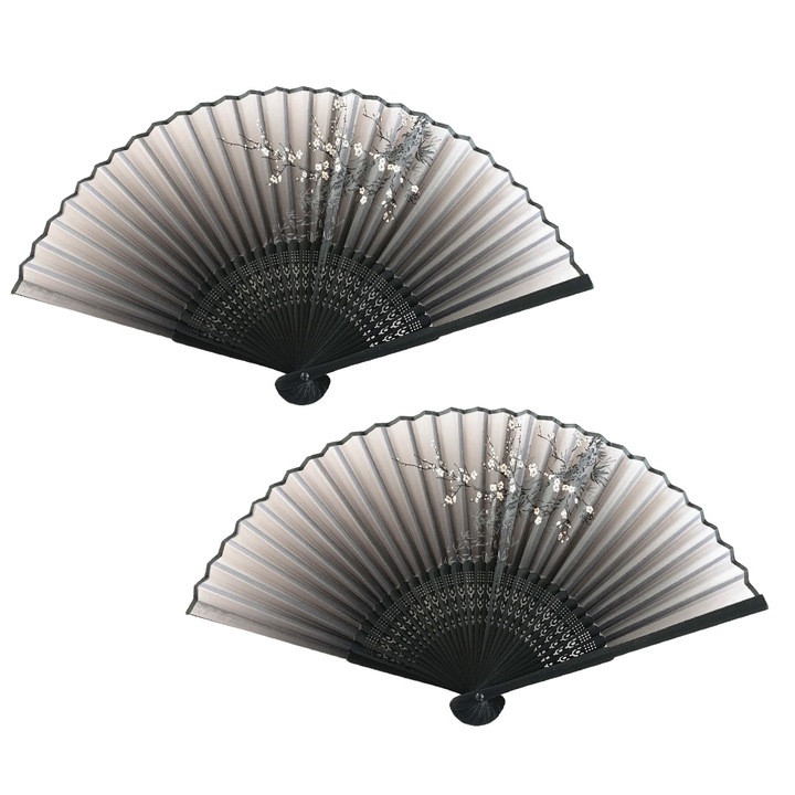 Комплект от 2 сгъваеми бамбукови ветрила, античен стил, черно-бял принт, китайски дизайн, 20x38 см