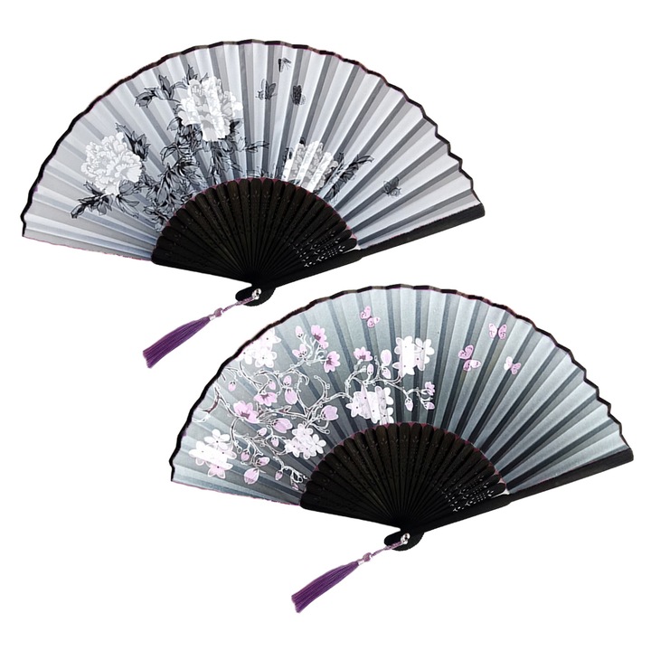 Комплект от 2 сгъваеми бамбукови ветрила, материя лен, елегантни, многоцветни