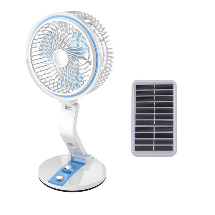 Összecsukható újratölthető ventilátor napelemes töltőpanelekkel és 360°-ban hordozható LED fénnyel