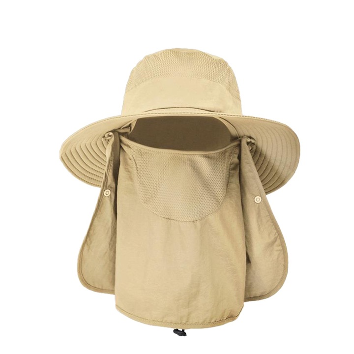 Horgászkalap, QttvbTna, Poliészter, UV védelem, Nyaklebeny, Unisex, 40 x 10 cm, Bézs