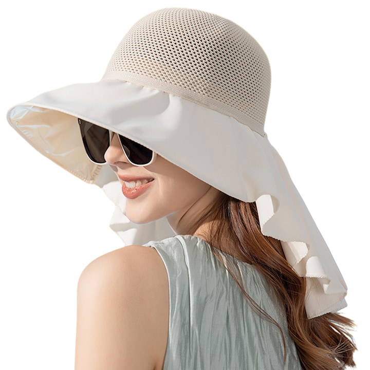 Слънчева шапка с UV защита UPF 50+, широка периферия, с капак на врата, бежова, за жени