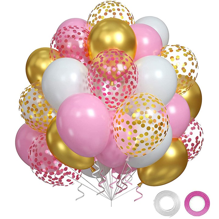 Set 60 baloane latex, longziming, auriu, roz, alb, pentru petreceri
