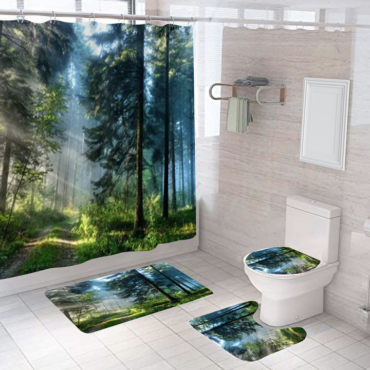 Zuhanyfüggöny szett és kiegészítők, 4 részes, poliészter, többszínű, 180x200cm