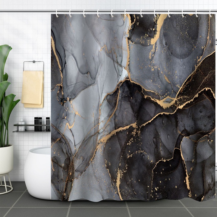 Perdea de dus, Poliester, Impermeabil, 180 x 180 cm, Gri / Auriu