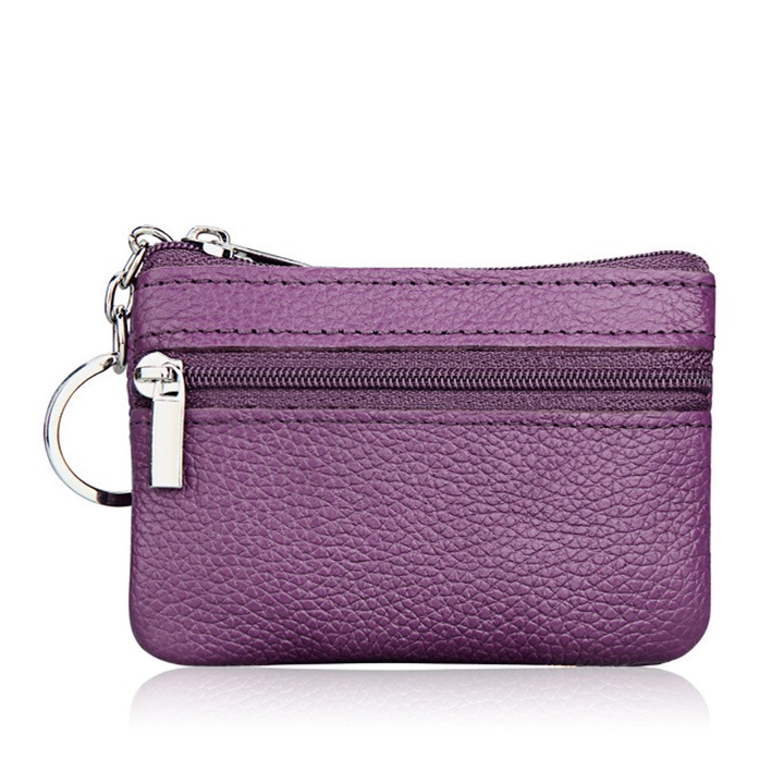 Breloc cu portofel mini din piele PU, violet, inchidere cu fermoar