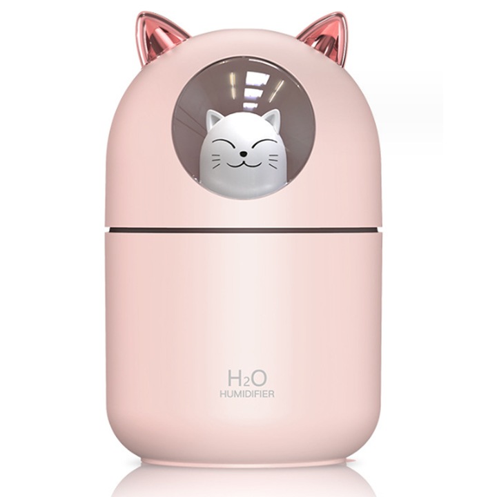 Hordozható párásító, USB, 300ml, 7 színű lámpa, rózsaszín, LED