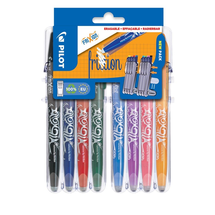 Комплект 8 химикалки Frixion, Pilot, изтрити и презаписани, 0,35 мм, многоцветни