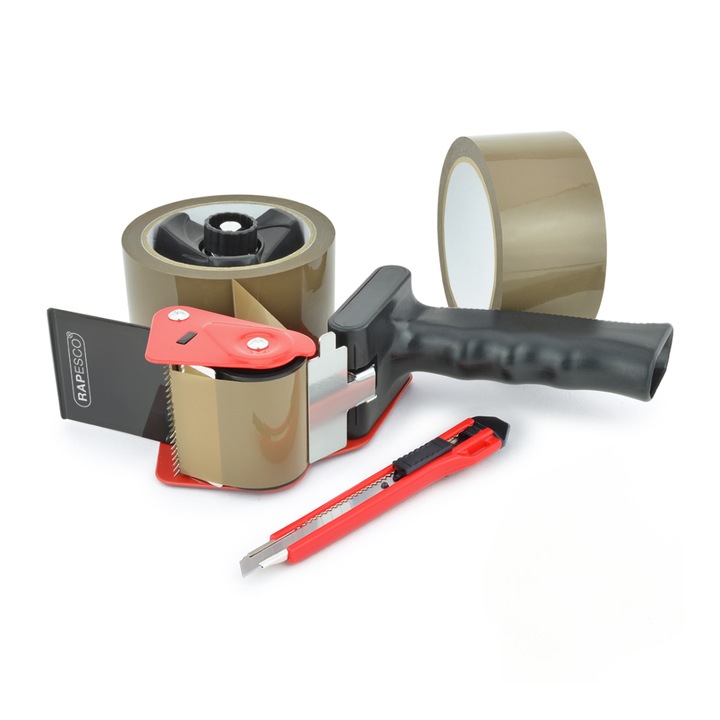 Dispenser banda adeziva Rapesco, set 2 role maro, cutit inclus, ergonomic