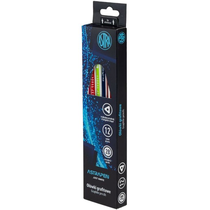 Set 12 creioane grafit ASTRA, triunghiulare cu radiera, 2B, Multicolor