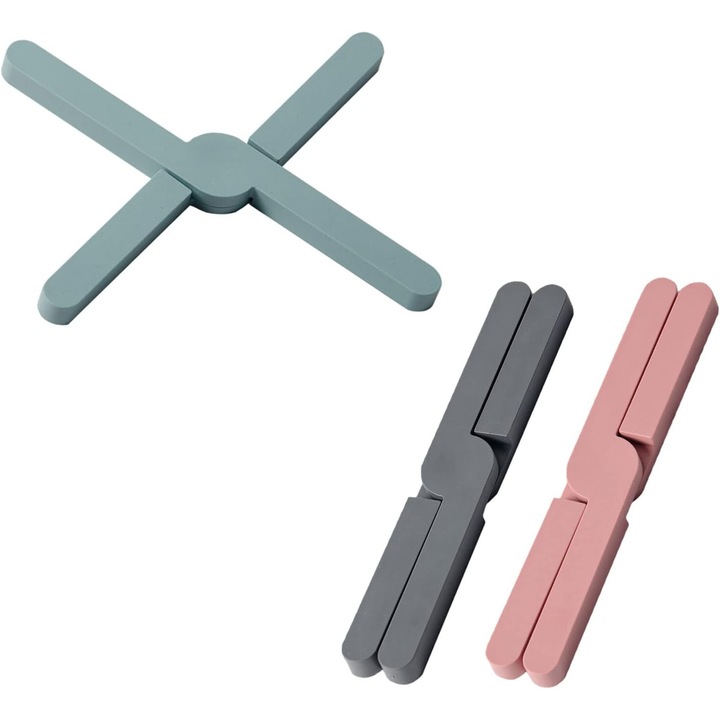 Set 3 suporturi pliabile din TPR, roz/verde/gri, pentru bucatarie