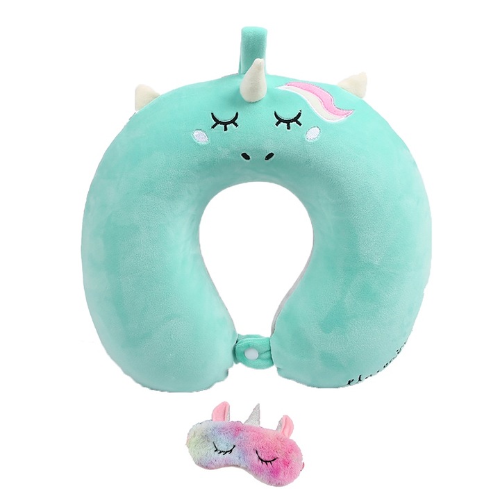 Комплект възглавница за път и маска за очи, памук, зелено, 30x30x10 см, пълнеж от мемори пяна