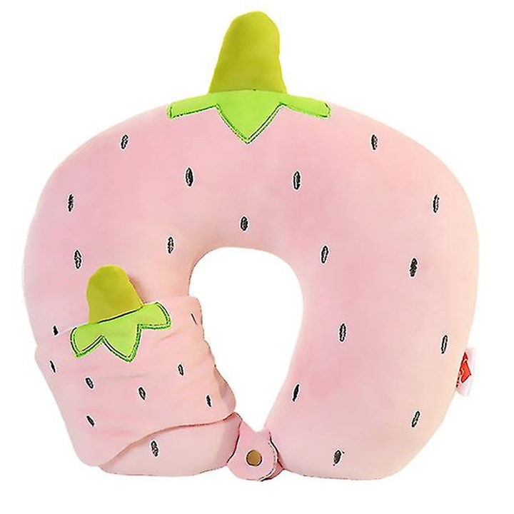 Perna de gat pentru calatorie, set cu masca de ochi, motiv capsuni, 30x29cm