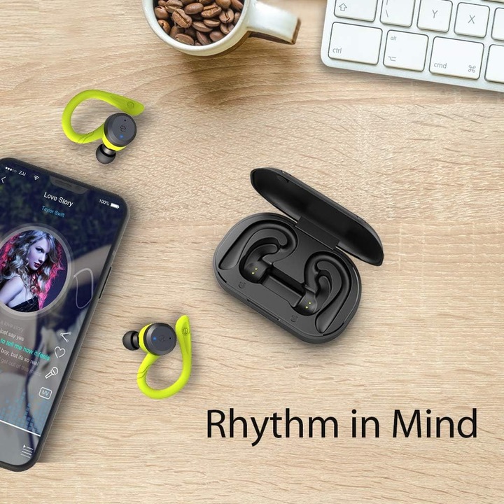 Vezeték nélküli sport fülhallgató, IPX7 zöld, 5.0 Bluetooth, mikrofonnal, mágneses töltés