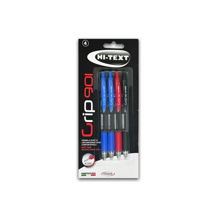 Химикалка Hi-Text Grip 901, 4 цвята/блистер
