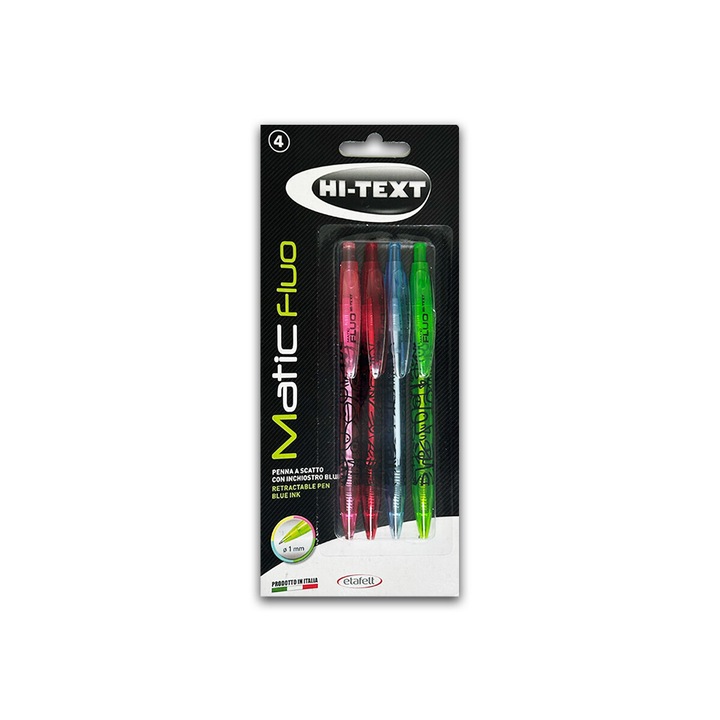 Прибираща се писалка Hi-Text 906 Matic Fluo, 4 цвята/блистер, синьо мастило