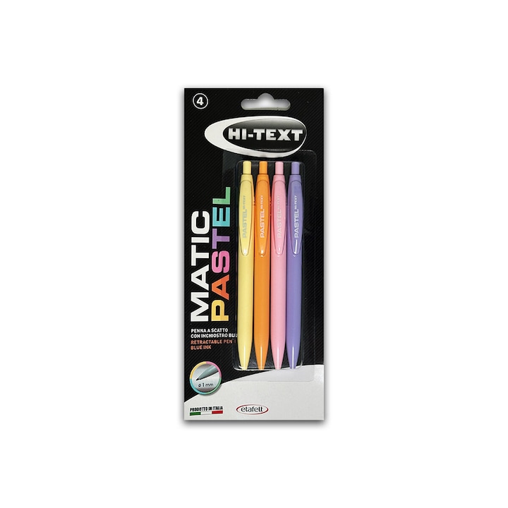 Hi-Text прибираща се писалка 906 Matic Pastel, 4 цвята/блистер, синьо мастило