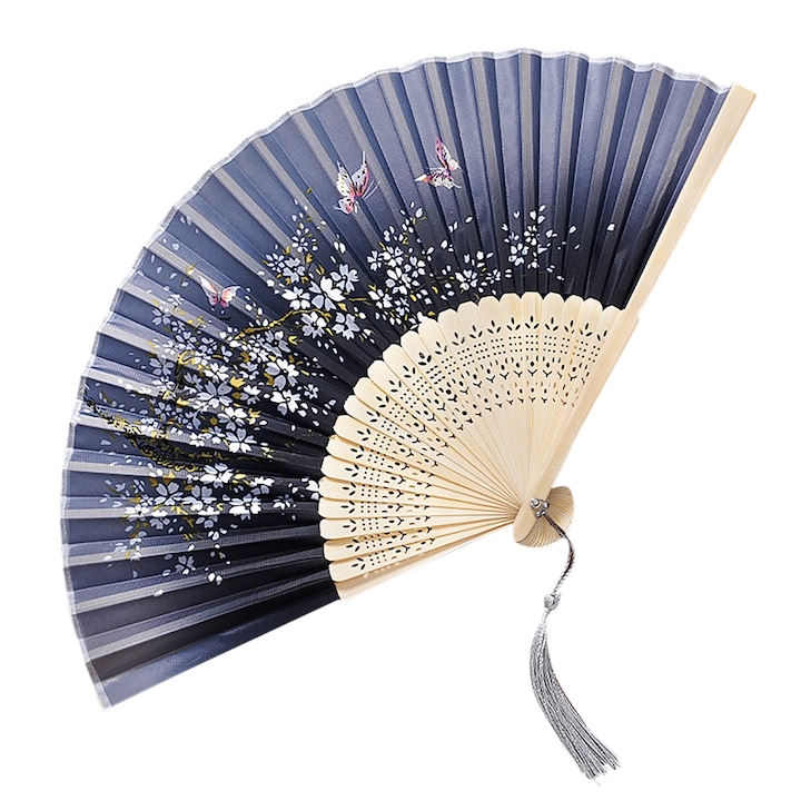 Evantai pliabil, Serene Sense®, fibra de bambus, lustruire manuala, portabilitate, Stil chinezesc, Albastru marin, 21cm