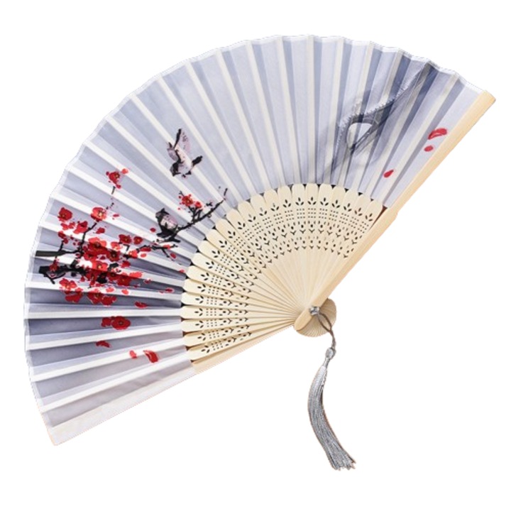 Összecsukható ventilátor, Serene Sense®, bambuszszálas, kézzel polírozott, hordozható, kínai stílusú, fehér, 21 cm