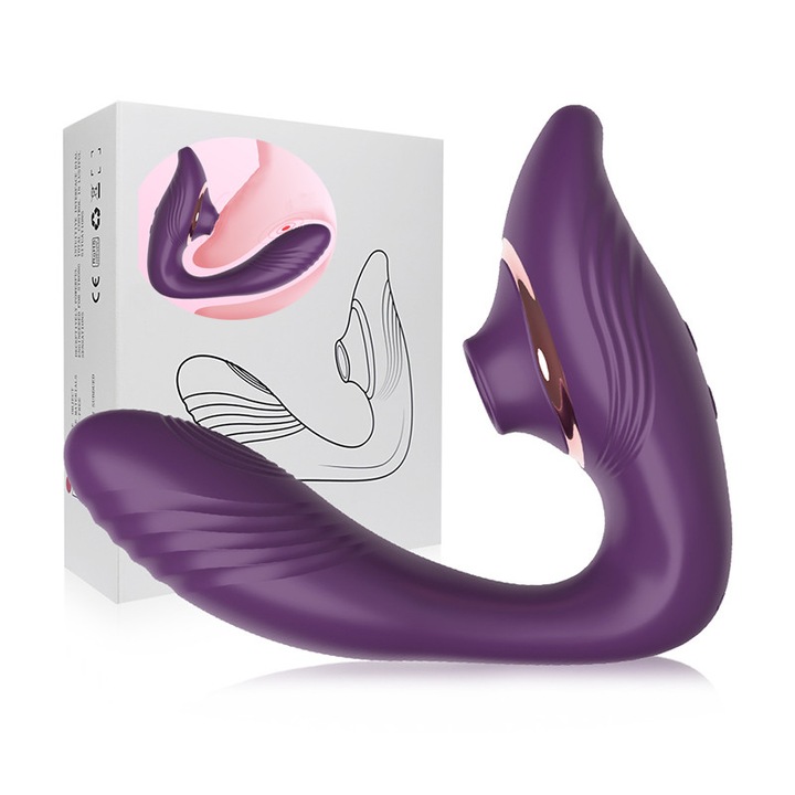 Vibrator dubla stimulare jucarii sexuale, 2 in1 cu stimulator clitoris si punct G, silicon/ABS, 10 moduri de supt si vibratii, Mov