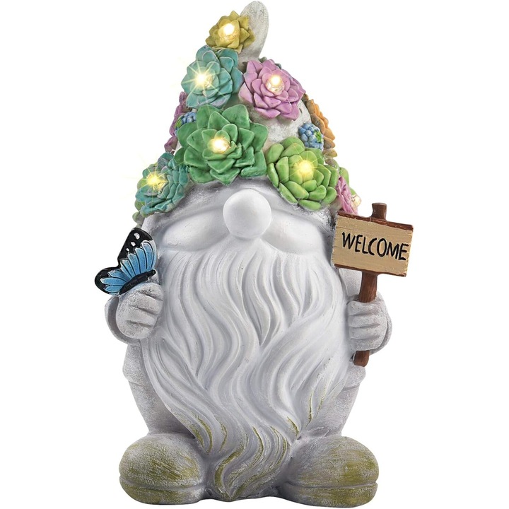 Lumina solara automata, statuie de gnom de gradina din material durabil din rasina cu plante suculente artificiale, decorare in aer liber cu lumina solara, cadouri unice de inaugurare a casei pentru curte, curte, peluza (4,5 x 5,5 x 9 inchi)