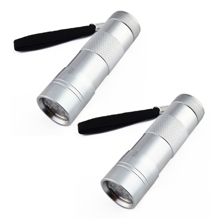 Комплект от 2 UV фенерчета, Cozevdnt, алуминий, 12 LED, 9.5 x 2.9 см, сребристо