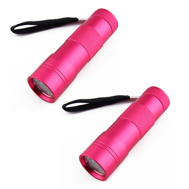 Комплект от 2 UV фенерчета, 12 LED, виолетова светлина, водоустойчиви, алуминиеви, розови, преносими