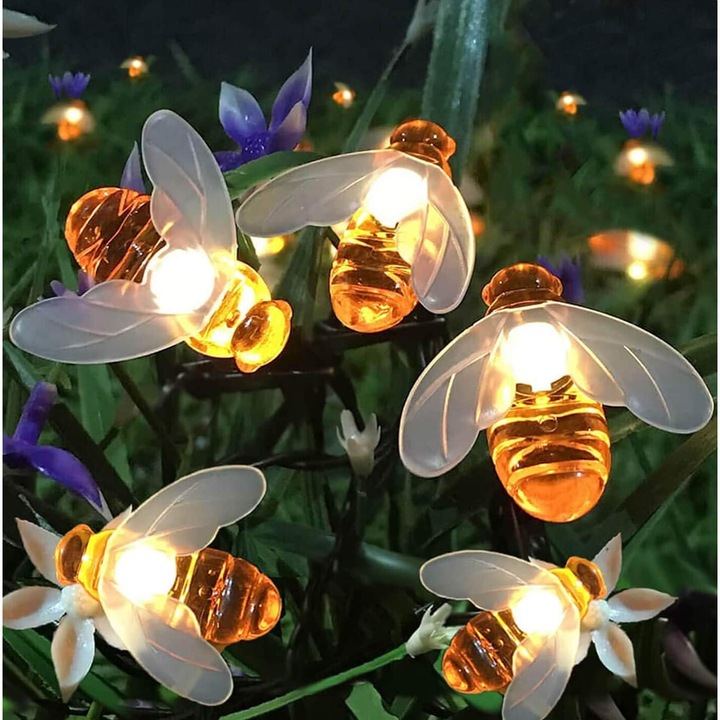 Комплект соларни лампи от 30 LED, пчелен дизайн, водоустойчиви, за градина, тераса, парти, топли светлини