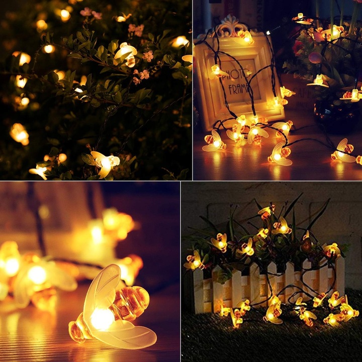 Ghirlanda luminoasa AMRINUGL, cu incarcare solara, model albinute, 9..4 m, 40 LED-uri, 8 moduri de iluminare, rezistent la apa, alb cald