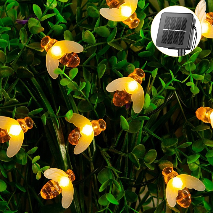 Ghirlanda luminoasa AMRINUGL, cu incarcare solara, model albinute, 9..4 m, 40 LED-uri, 8 moduri de iluminare, rezistent la apa, alb cald
