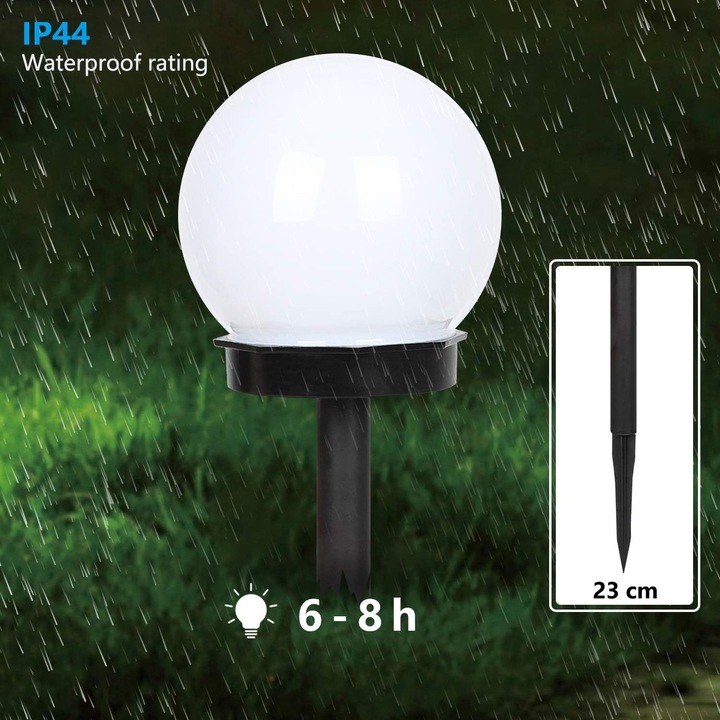 Комплект от 6 соларни LED глобуса за външна употреба, бели, 10 см диаметър, 2x14 см стойка