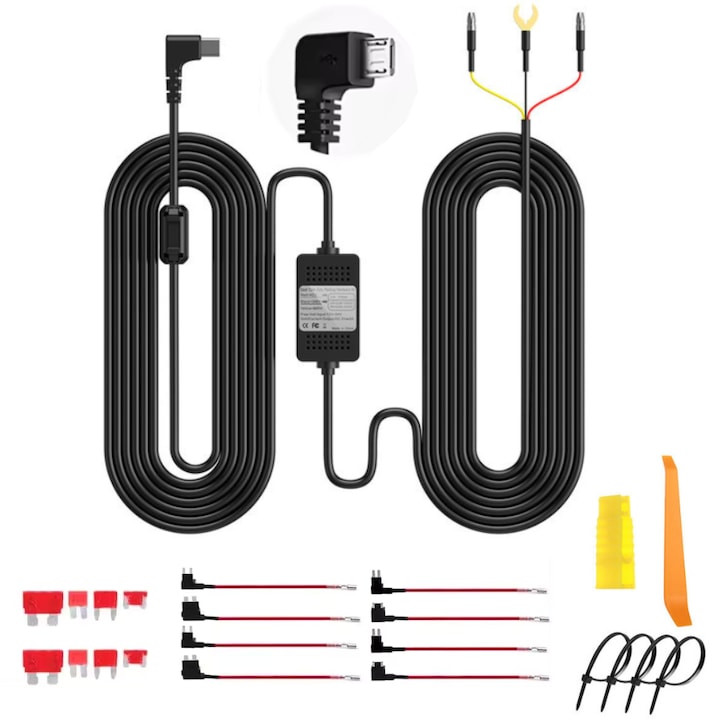 Kit alimentare continua pentru camera de bord la panoul de sigurante cu transformator 12-24V la Micro USB 5V/3A, Lungime cablu 3.5m, protectie descarcare baterie, 4 adaptoare sigurante incluse