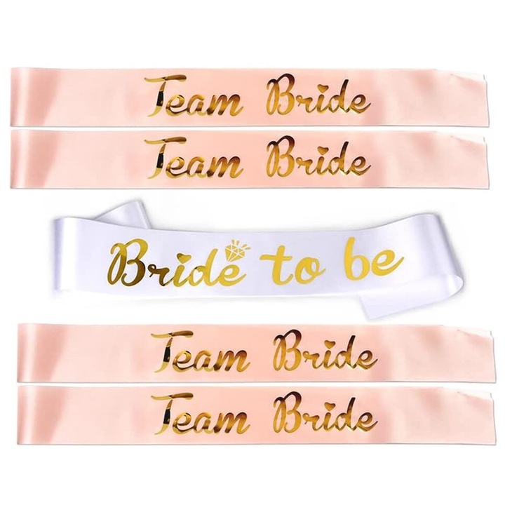 Set 5 panglici Bride to be/Team Bride, 160 x 9.5CM, Satin, Alb/Roz