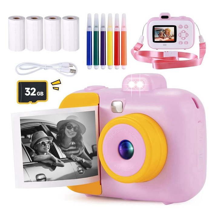 OUYLAF Цифрова фото-видео камера за деца, Детска фото/видео камера с незабавен печат, 42 MP, 1080p резолюция, Full HD, 2.4 инча IPS екран, 1000 mAh батерия, 32Gb SD карта в комплекта, розов