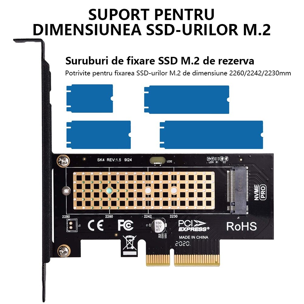 Unitati Ssd Adaptor M.2 NVME SSD la PCIe 3.0 x4, Redkid®, Pentru unitati SSD 2280 ...
