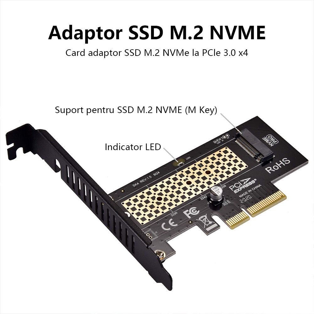 Unitati Ssd Adaptor M.2 NVME SSD la PCIe 3.0 x4, Redkid®, Pentru unitati SSD 2280 ...