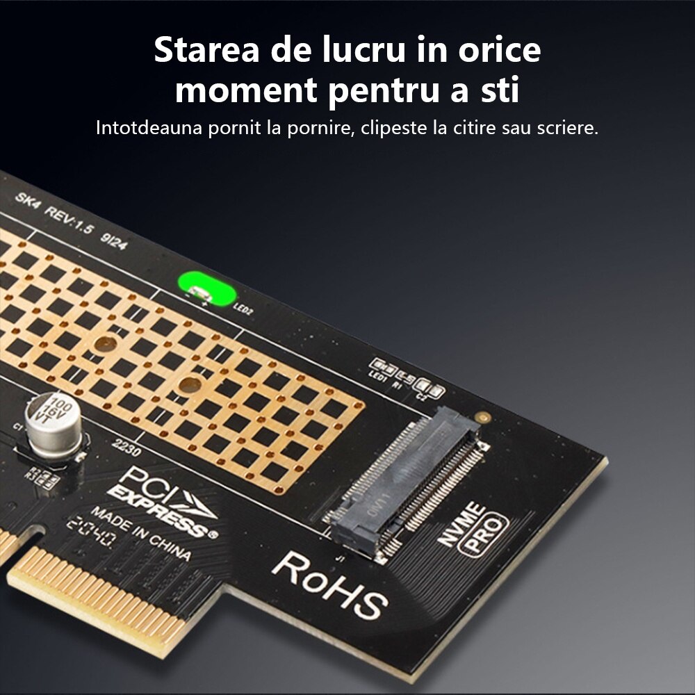 Unitati Ssd Adaptor M.2 NVME SSD la PCIe 3.0 x4, Redkid®, Pentru unitati SSD 2280 ...