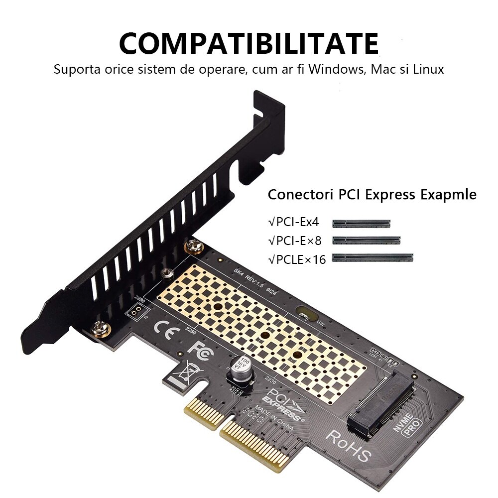 Unitati Ssd Adaptor M.2 NVME SSD la PCIe 3.0 x4, Redkid®, Pentru unitati SSD 2280 ...