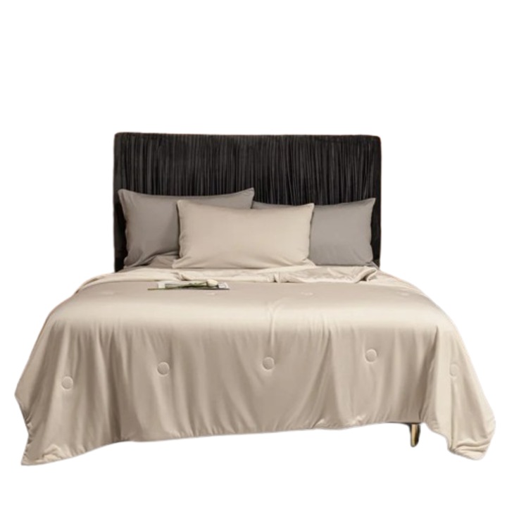 Set de 4 piese, Pilota de Vara (200*230 cm) cu Asternut si 2 Huse de Perna, Bej, Fibra Lyocell, Ideal pentru Paturi de 180 cm