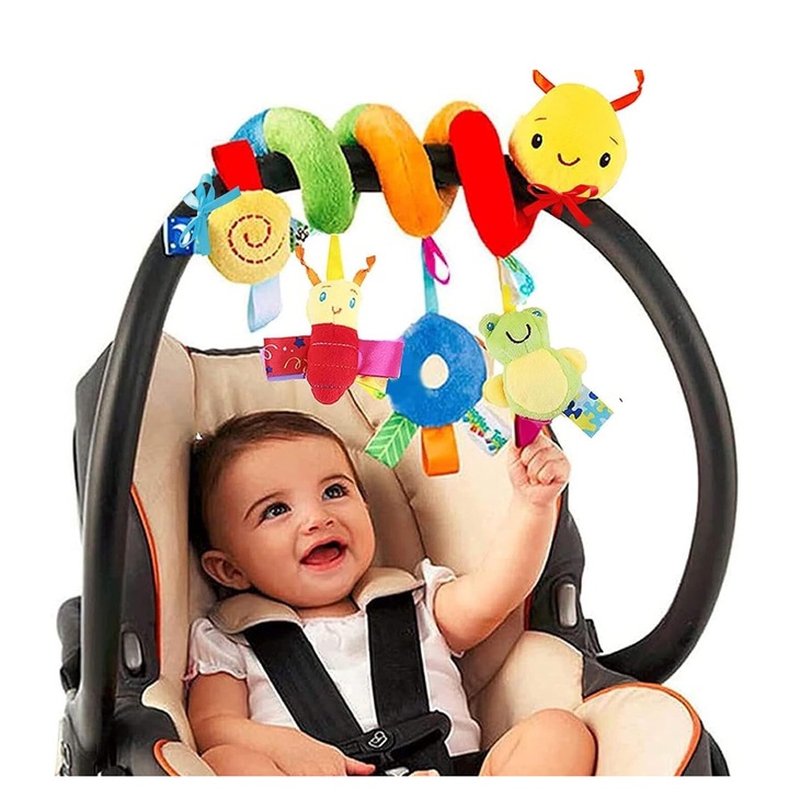 Jucarie spirala pentru carucior si patut, cu trei jucarii de plus, model albina, pentru bebelusi fete si baieti, pentru patut/carucior, OUYLAF