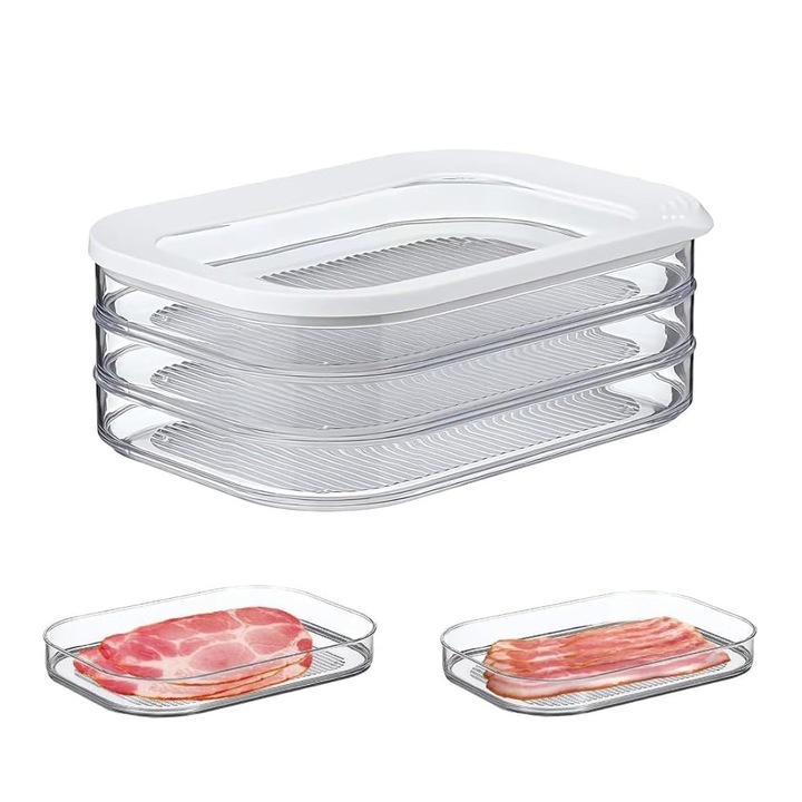 Set 3 cutii alimentare, -20 - 100°C, patrate, 3 x 550ml, inchidere etans, sticla, 22.5 x 16 x 8.5cm, cu capace etanse, OUYLAF (Alb/transparent)