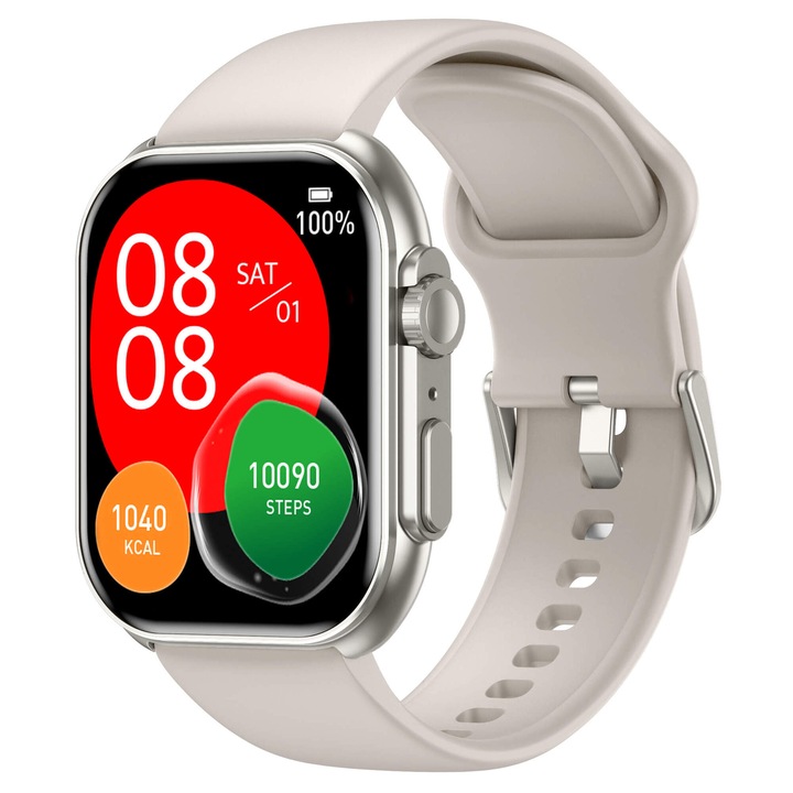 Smartwatch Squarz 12 Ultimate ARMODD, Compatibil iOS, Android, Apelare Bluetooth, Titan cu curea crem