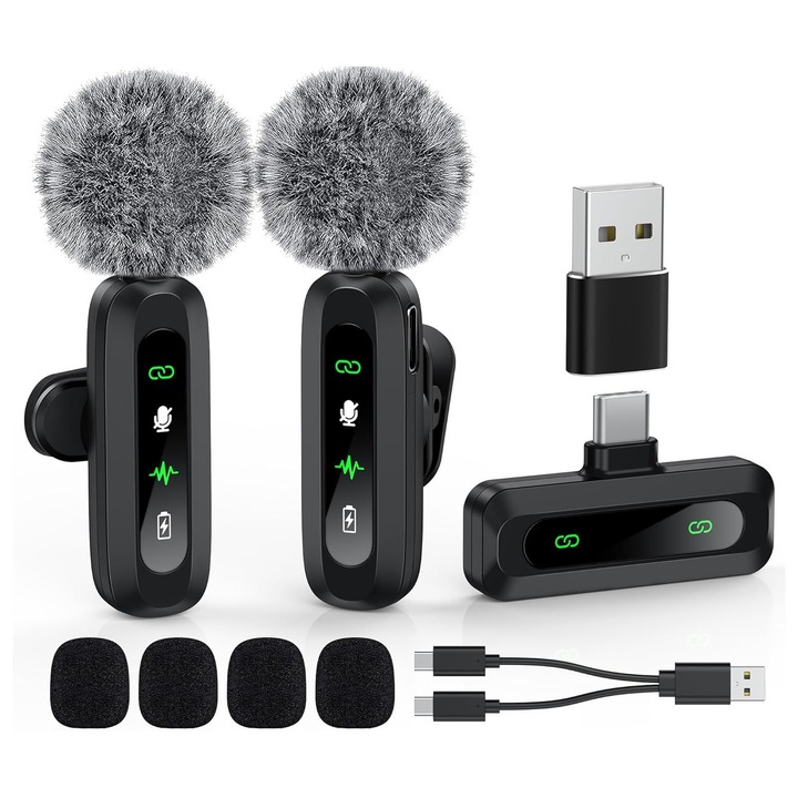 Комплект от 2 професионални петлични микрофона, Plug and Play, тип C, безжичен, многопосочен, малък размер, съвместим с Android, Iphone и лаптоп, OUYLAF (черен)