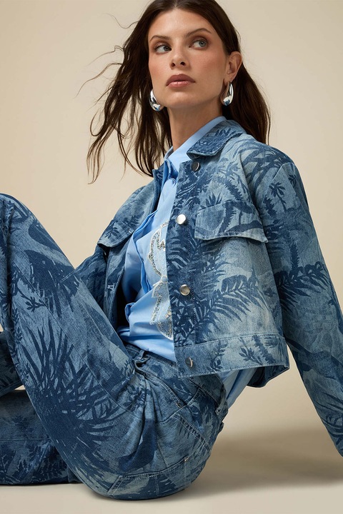 Oltre, Blugi crop cu imprimeu tropical, Albastru deschis/Albastru