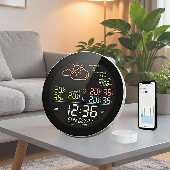 MOSMAOO® Мултифункционална метеорологична станция, Безжична, Измерва вътрешна и външна температура и влажност, Дисплей за времето, Календар, Час, Аларма, Сензор, USB кабел, 160 x 23,5 mm, Черен