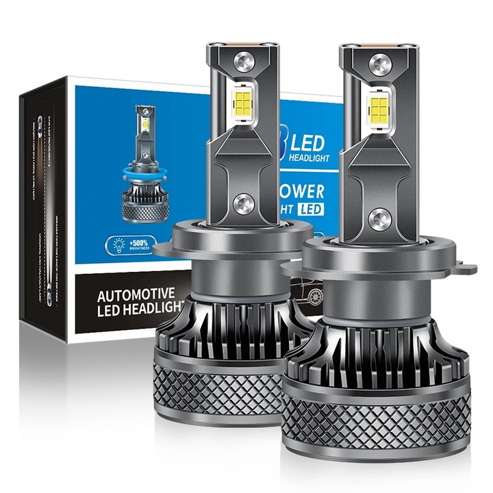 Комплект от 2 Auto H7 EXCITAT® Premium LED крушки, 500% яркост, 70w, 12000 лумена, 6500K, 12V, с вентилатор, Canbus, без грешки, IP68 водоустойчиви, Plug and play, сребристо сиво