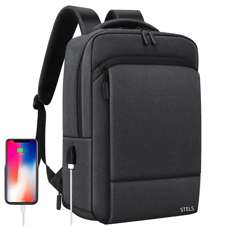 Rucsac de calatorie STELS, Compartiment pentru laptop, Rezistent la apa, Rezistent la uzura, Buzunar antifurt, Interfata USB, Material Oxford, Unisex, 30x14x45cm, Gri inchis