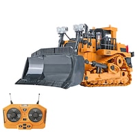 Jucarie tip buldozer cu telecomanda, Hggzeg, 2.4Ghz, Lopata metalica cu 9 canale, Rotatie la 360°, Echipament de constructie, Pentru interior si exterior, Cu lumina si sunet, Potrivit pentru copii peste 3 ani, Negru/Portocaliu
